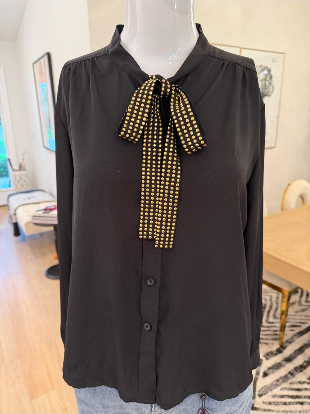 Iman Black Button Down Shirt with Gold Stud Detail